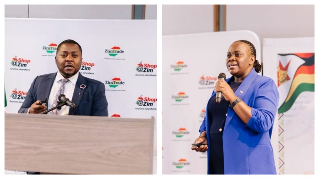 MixCollage-13-Oct-2026-12-53-PM-6200 - The Brief | Namibia's Leading Business & Financial News Two speakers at a Zimbabwe trade event: left a man in a suit speaking at a podium with Shop@Zim banners, right a woman in a blue blazer holding a microphone against a branded backdrop.