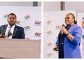 Two speakers at a Zimbabwe trade event: left a man in a suit speaking at a podium with Shop@Zim banners, right a woman in a blue blazer holding a microphone against a branded backdrop.