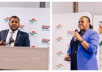 MixCollage-13-Oct-2026-12-53-PM-6200 - The Brief | Namibia's Leading Business & Financial News Two speakers at a Zimbabwe trade event: left a man in a suit speaking at a podium with Shop@Zim banners, right a woman in a blue blazer holding a microphone against a branded backdrop.