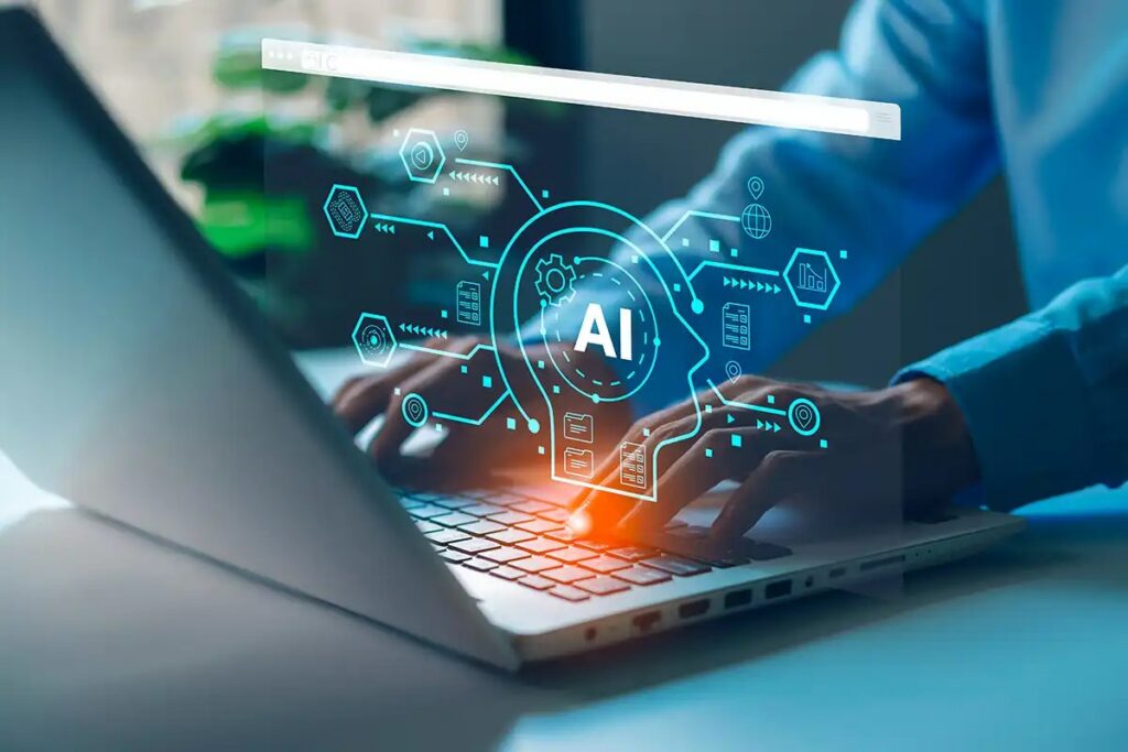AI1 - The Brief | Namibia's Leading Business & Financial News Hands typing on a laptop with a glowing blue AI holographic network overlay above the keyboard.
