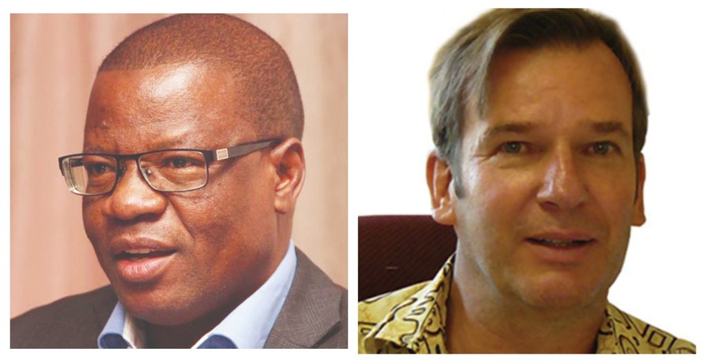 Two head-and-shoulders portraits side by side: left image shows a dark-skinned man wearing glasses and a suit, speaking or mid-sentence against a neutral backdrop; right image shows a light-skinned man with short hair wearing a patterned shirt, smiling softly against a light background.