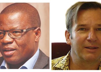 MixCollage-16-Oct-2026-02-45-PM-4814 - The Brief | Namibia's Leading Business & Financial News Two head-and-shoulders portraits side by side: left image shows a dark-skinned man wearing glasses and a suit, speaking or mid-sentence against a neutral backdrop; right image shows a light-skinned man with short hair wearing a patterned shirt, smiling softly against a light background.