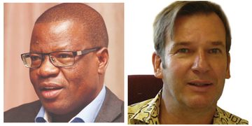 Two head-and-shoulders portraits side by side: left image shows a dark-skinned man wearing glasses and a suit, speaking or mid-sentence against a neutral backdrop; right image shows a light-skinned man with short hair wearing a patterned shirt, smiling softly against a light background.