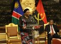 Woman in a patterned dress speaks at a clear podium with microphone, flanked by Namibian flags and a seated man in a suit behind her in a formal government setting