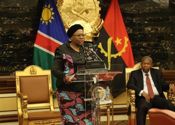 PRESIDENT3 - The Brief | Namibia's Leading Business & Financial News Woman in a patterned dress speaks at a clear podium with microphone, flanked by Namibian flags and a seated man in a suit behind her in a formal government setting
