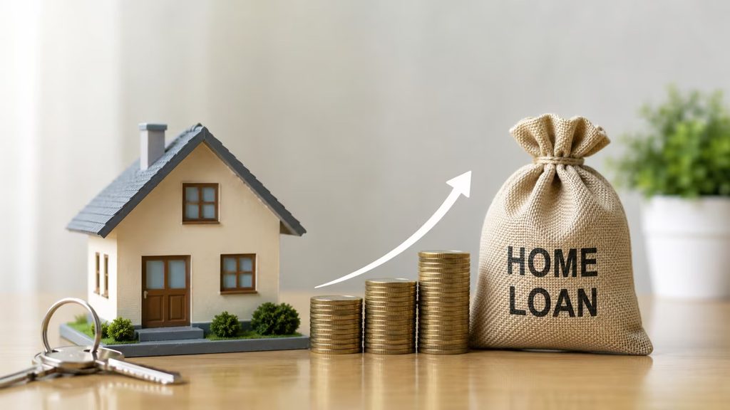 HOME LOAN 1 - The Brief | Namibia's Leading Business & Financial News Model house beside coin stacks and a burlap bag labeled HOME LOAN, with an upward arrow suggesting growth.