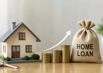 Model house beside coin stacks and a burlap bag labeled HOME LOAN, with an upward arrow suggesting growth.