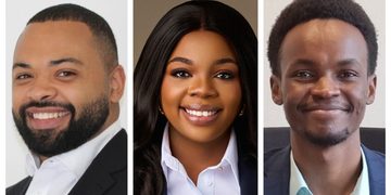 Triptych of three smiling individuals: left bearded man in a suit, center woman with long dark hair and blazer, right man with short curly hair in a suit.